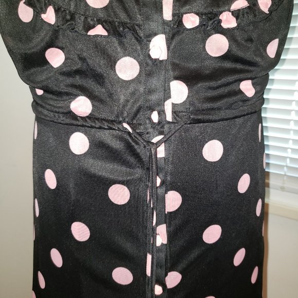 SOLD Vtg 90s Y2K Button Up Ruffled Pink Polka Dot Black Prairie Dress Jumper M - Picture 8 of 14